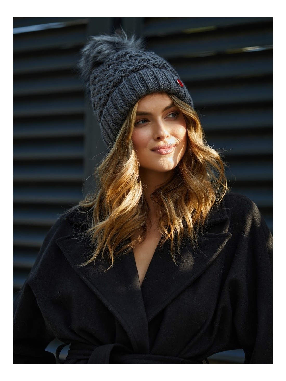 Warm winter hat with a pompom, graphite C37 - Online store - Boutique